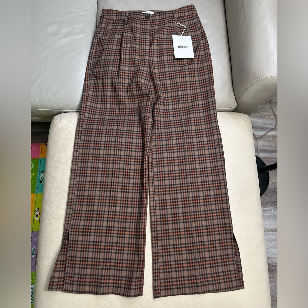 NWT - Minimum Women’s London Plaid Wide Leg Split Hem Trousers- Size 38 / M